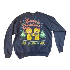 Vintage Christmas Bear sweater pull over crew neck long sleeve blue